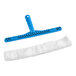 A blue squeegee and a white cloth being used to clean a window.