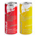 A red and yellow Red Bull energy drink can next to a yellow and green Red Bull energy drink can.