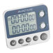 A digital kitchen timer with blue and white buttons and numbers.