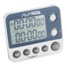 A digital kitchen timer with dual channels and multiple buttons for setting hours, minutes, and seconds.