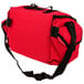A red Medi-First duffel bag with black straps.