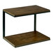 A Cal-Mil dark oak shelf display with metal accents on a table in a bar.