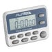 A digital kitchen timer with a clock and multiple buttons for setting hours, minutes, seconds, and different timer channels.