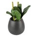 A 32" artificial fuchsia orchid in a black ceramic pot.