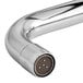 A close up of a chrome Equip by T&S wall mount faucet with a swing nozzle.