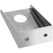 A stainless steel bracket with a hole in the center.