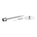 An Avantco stainless steel spit assembly including a silver tube, round disc, and metal objects.