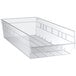A clear plastic Regency shelf bin.