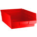 A Regency red plastic shelf bin with a handle.