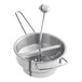 A stainless steel rotary food mill with a handle and a spoon.