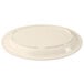 A tan melamine platter with a narrow oval shape and a curved edge.