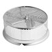 A silver metal Garde XL food mill sieve with holes in it.