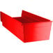 A Regency red plastic shelf bin with an open lid.