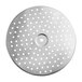 A stainless steel circular metal disc with holes.