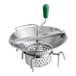 A stainless steel Garde rotary food mill with a green handle.