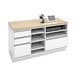 A white and wood Econoco cash wrap retail counter with a tablet and a phone on it.