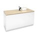 A white and wood Econoco retail counter with a laptop and a black lamp on it.