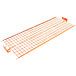 An orange wire shelf with a grid on a metal frame.