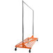 An Econoco orange metal wire shelf base with wheels.