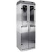 A silver stainless steel Harloff double door cabinet.