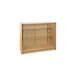 A maple wooden cabinet with glass shelves.
