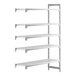 A white plastic Cambro Camshelving® Premium add on unit with 5 shelves.