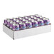 A white cardboard box filled with 24 purple Ruby Kist grape juice cans.