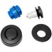 A group of black and blue Dearborn Dblue K97MB plastic parts including a black circular touch toe stopper with a hole.