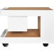 A white and brown rectangular Astella mobile bar with black wheels.