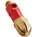 A red and gold metal pipe with a brass nozzle.