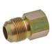 A close-up of a zinc-plated steel nut with a brass threaded male fitting.