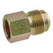 A close-up of a zinc-plated steel nut with a threaded male fitting.