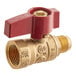 A close-up of a brass Easyflex gas valve with a red handle.