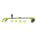 A Sun Joe green and black cordless garden kit with a 24V battery, charger, and string trimmer.
