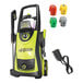 A green and black Sun Joe pressure washer with black accessories.