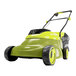 A green Sun Joe cordless push lawn mower with black wheels.