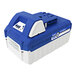 The blue and white 24V battery and charger for a Sun Joe 24V Cordless Lawn Mower.