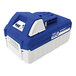 A blue and white Sun Joe 24V battery with a white cover.