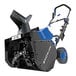 A Snow Joe cordless snow blower with blue wheels and a black handle.