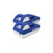 A blue and white Snow Joe 24V battery sitting on top of another blue and white battery.