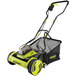 A yellow and black Sun Joe cordless push reel mower with a bag.