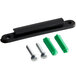 A black plastic Aarco wall mounted stanchion belt clip with screws and green plastic dowels.