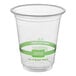 A clear 12 oz. compostable plastic cold cup with green labeling.