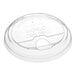 A clear plastic World Centric compostable cold cup sip lid with a hole.