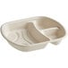 A white World Centric compostable fiber nacho tray with three compartments.