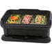 A Carlisle black top loading food pan carrier with a tray of food containing broccoli and cheese.