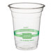 A clear 14 oz. compostable plastic cold cup with green labeling from World Centric.