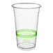 A World Centric clear plastic cup with a green stripe and label.