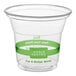 A clear 5 oz. compostable cold cup made from plant-based PLA plastic with green branding and text.