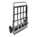 A silver B&P Manufacturing folding hand truck with wheels and a handle.